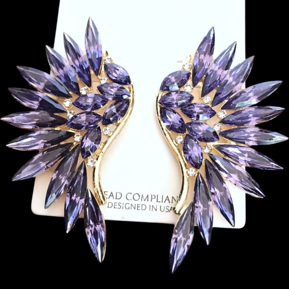 NEW purple rhinestone wing earrings - gold tone, post-back